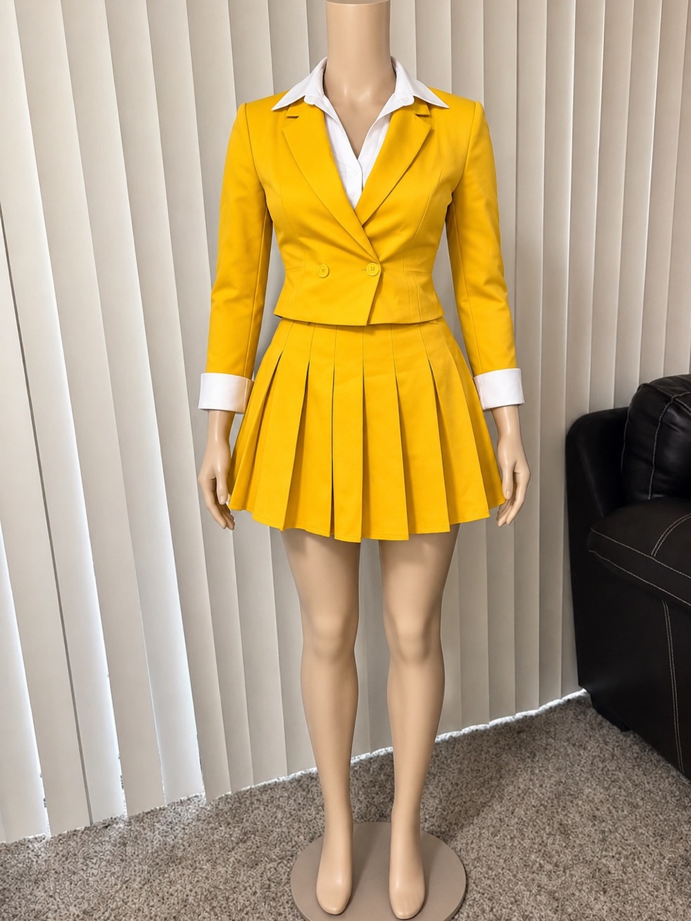 Yellow Pleated Mini Skirt with Matching Cropped Blazer - Women's Set
